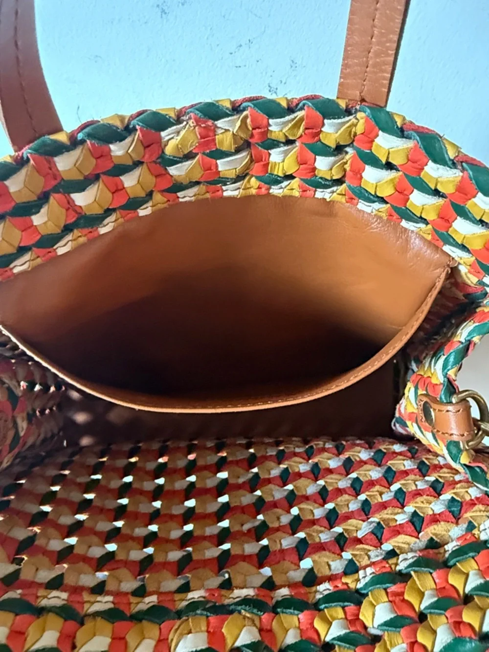 Clare V Multicolor Woven Tote in Red, Yellow & Green with Brown Handles - Picture 7 of 13